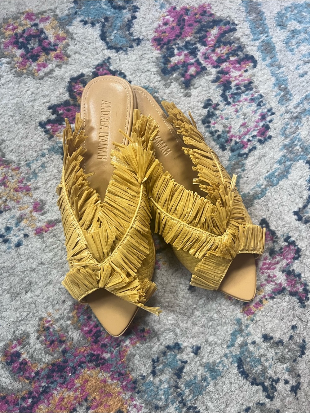 Andrea Iyamah Mustard Yellow Raffia Fringe Slide Sandals